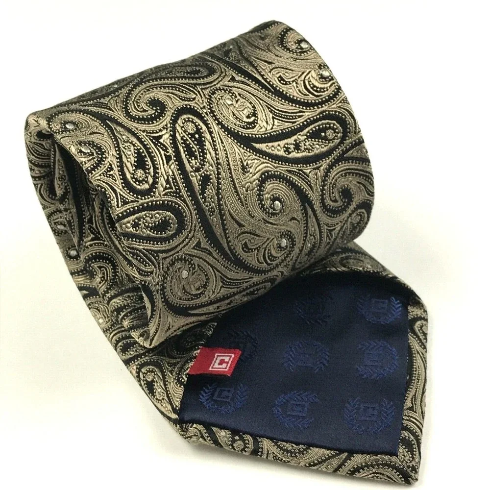 CHAPS Tie Men's 100% Silk Necktie Designer PAISLEY Black Tan Classic Wide 57.5" - Picture 5 of 10